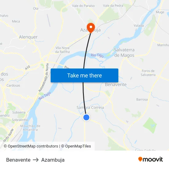 Benavente to Azambuja map
