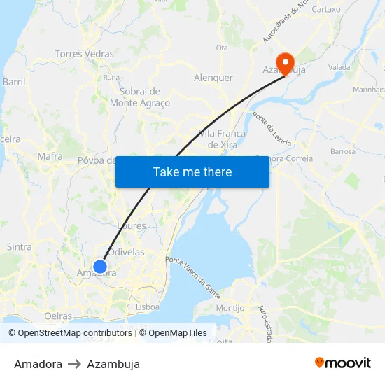 Amadora to Azambuja map