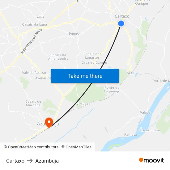 Cartaxo to Azambuja map