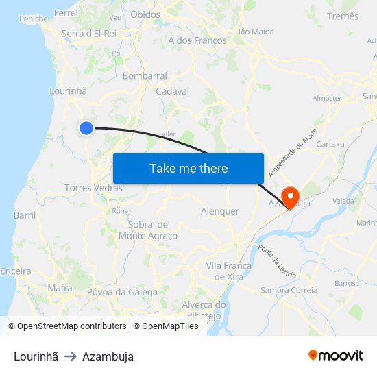 Lourinhã to Azambuja map