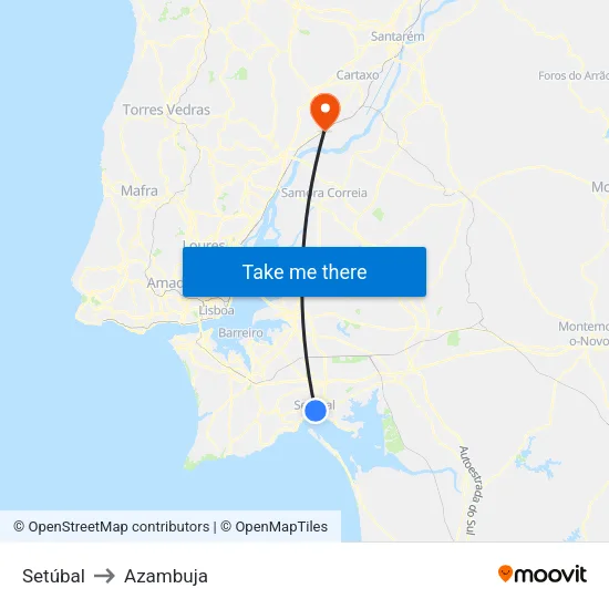 Setúbal to Azambuja map