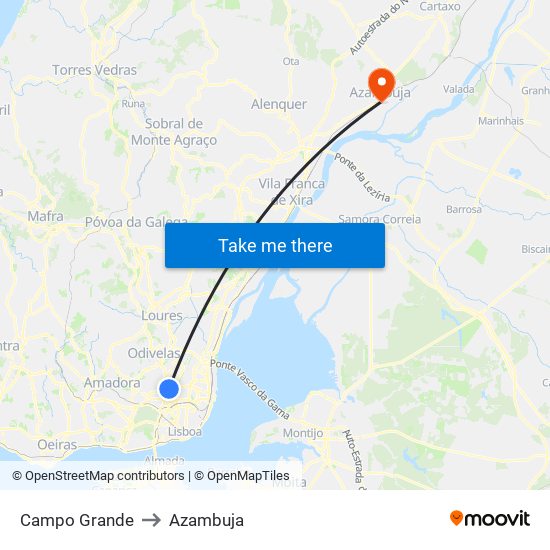 Campo Grande to Azambuja map