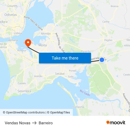 Vendas Novas to Barreiro map