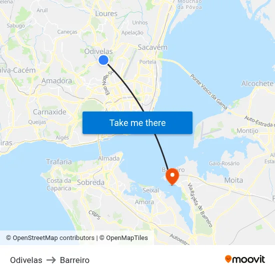 Odivelas to Barreiro map
