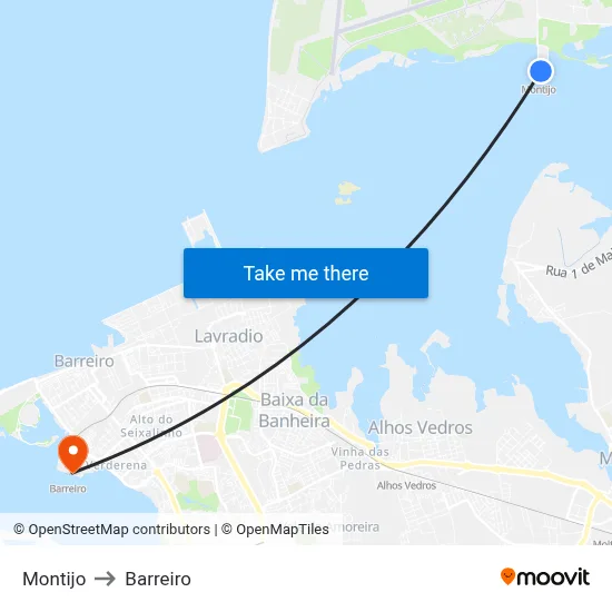 Montijo to Barreiro map