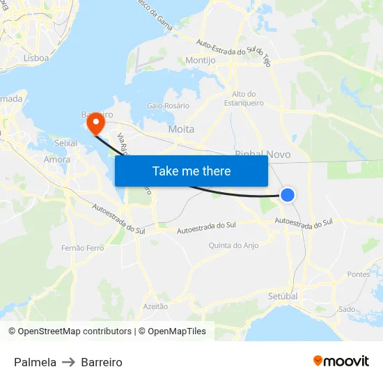 Palmela to Barreiro map