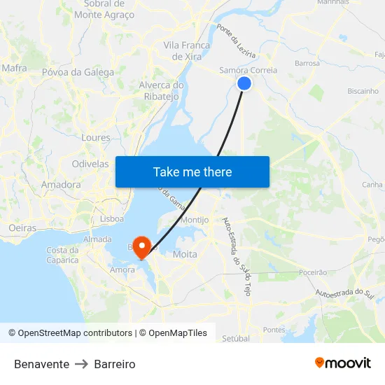Benavente to Barreiro map