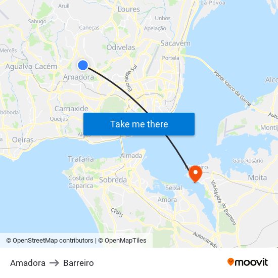 Amadora to Barreiro map