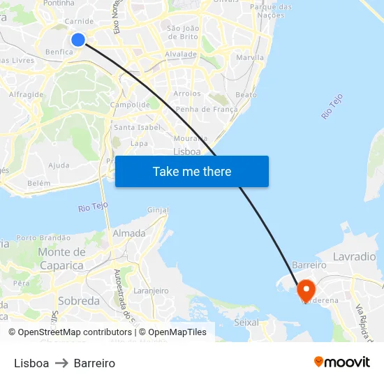 Lisboa to Barreiro map