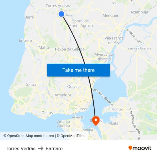 Torres Vedras to Barreiro map