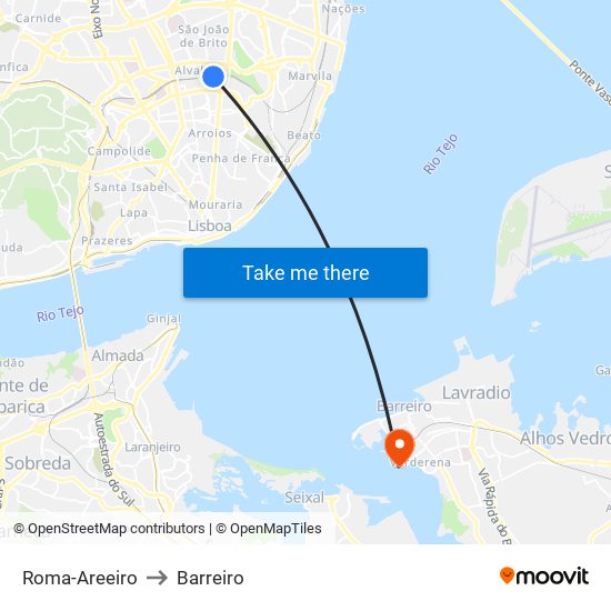 Roma-Areeiro to Barreiro map