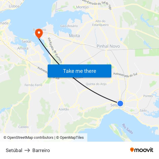 Setúbal to Barreiro map