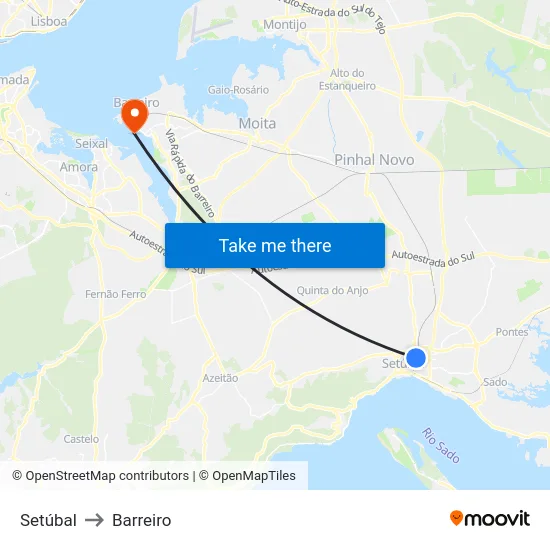Setúbal to Barreiro map