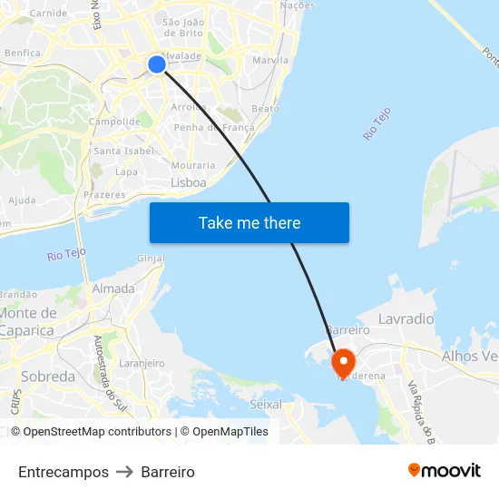 Entrecampos to Barreiro map