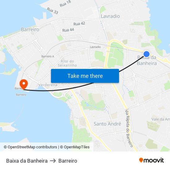 Baixa da Banheira to Barreiro map