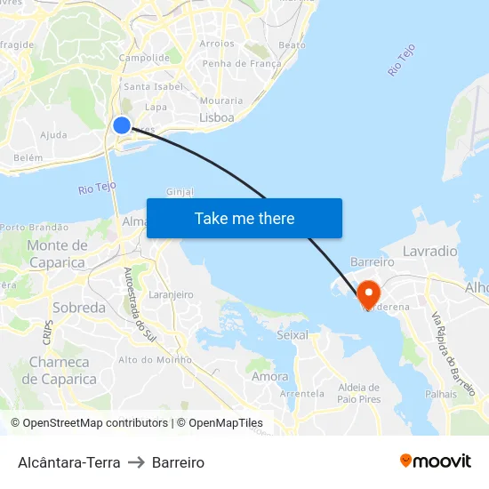 Alcântara-Terra to Barreiro map
