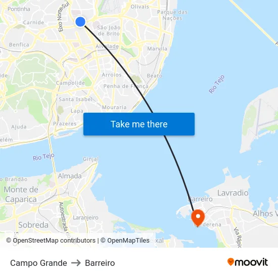 Campo Grande to Barreiro map