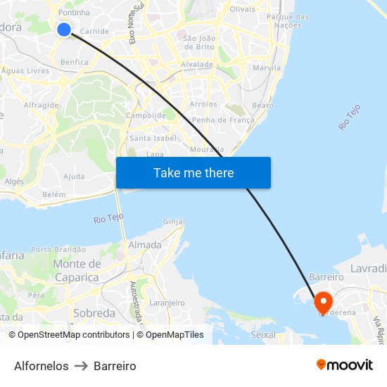 Alfornelos to Barreiro map