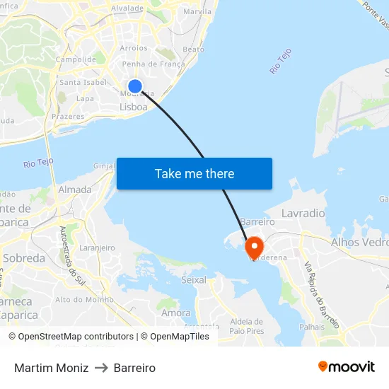 Martim Moniz to Barreiro map