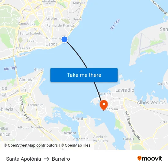 Santa Apolónia to Barreiro map