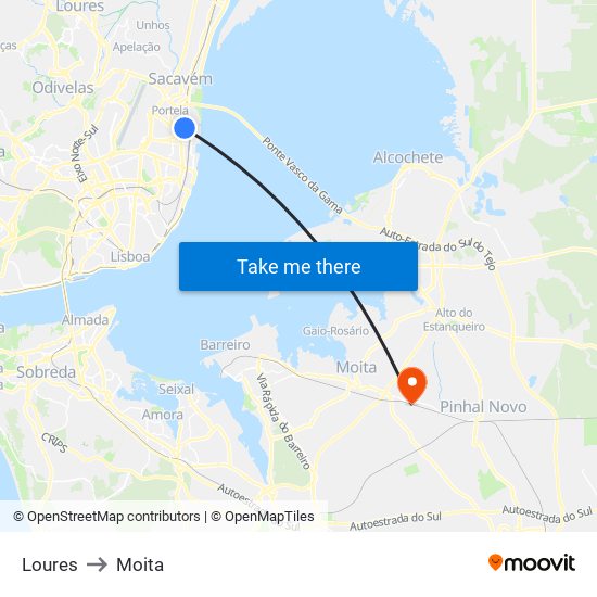 Loures to Moita map