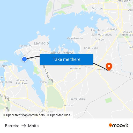 Barreiro to Moita map
