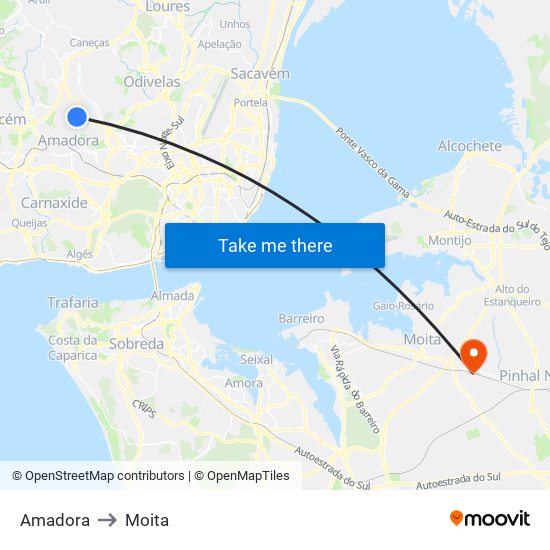 Amadora to Moita map