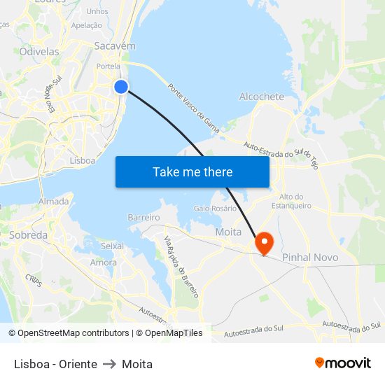 Lisboa - Oriente to Moita map