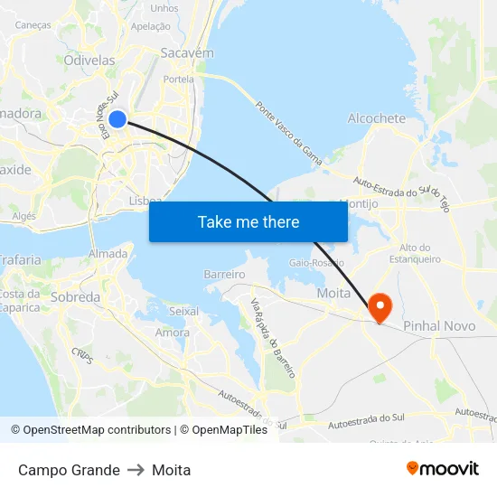 Campo Grande to Moita map