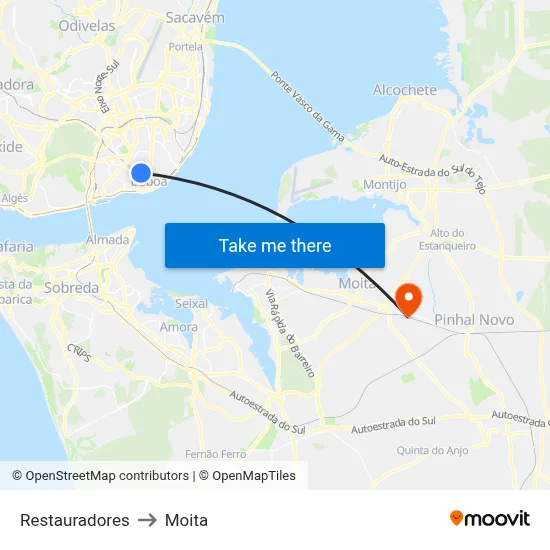 Restauradores to Moita map