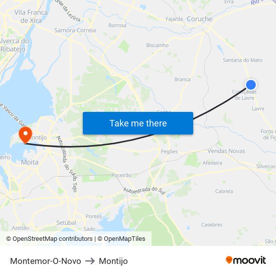 Montemor-O-Novo to Montijo map