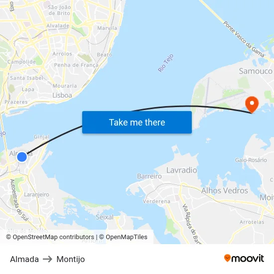 Almada to Montijo map