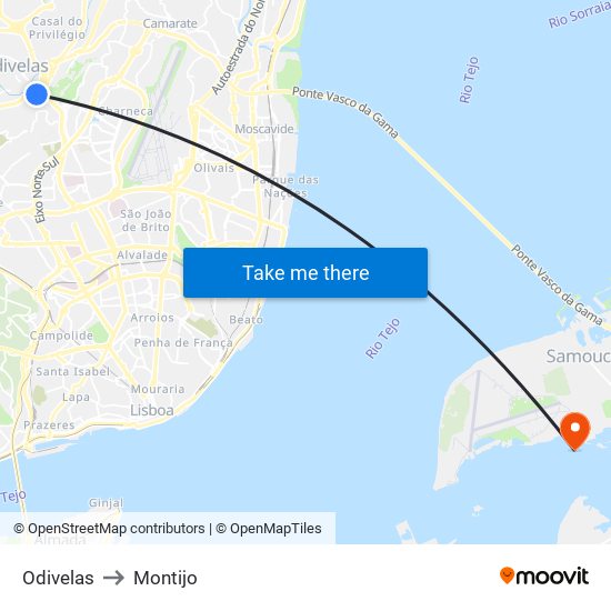 Odivelas to Montijo map