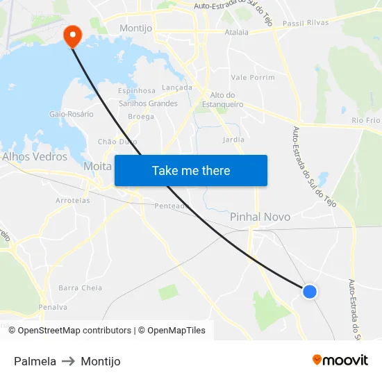 Palmela to Montijo map
