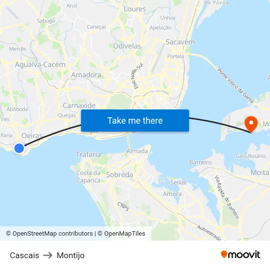 Cascais to Montijo map