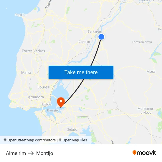 Almeirim to Montijo map