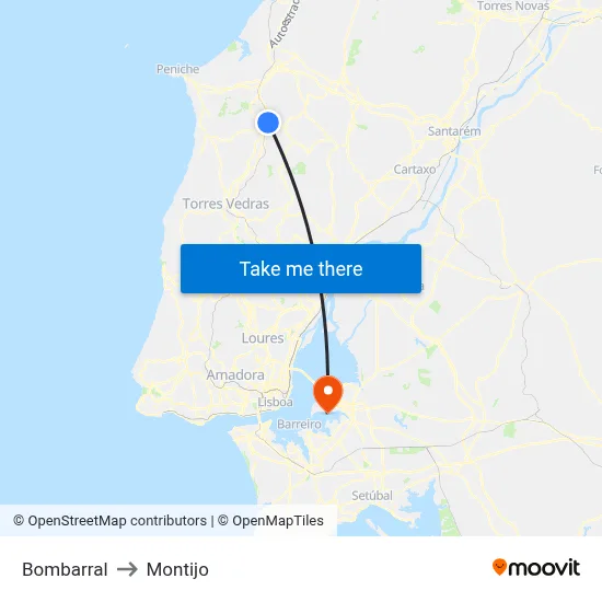 Bombarral to Montijo map