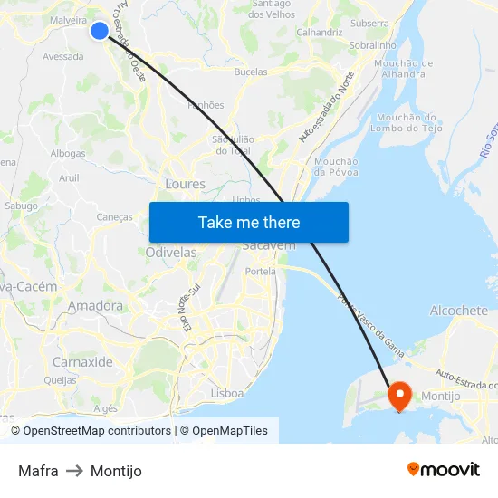Mafra to Montijo map