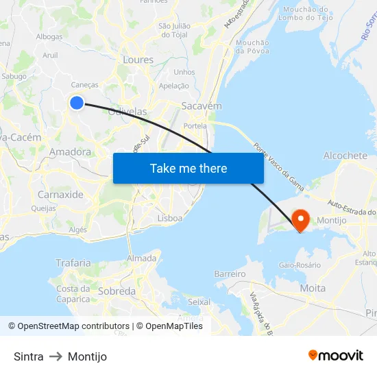 Sintra to Montijo map