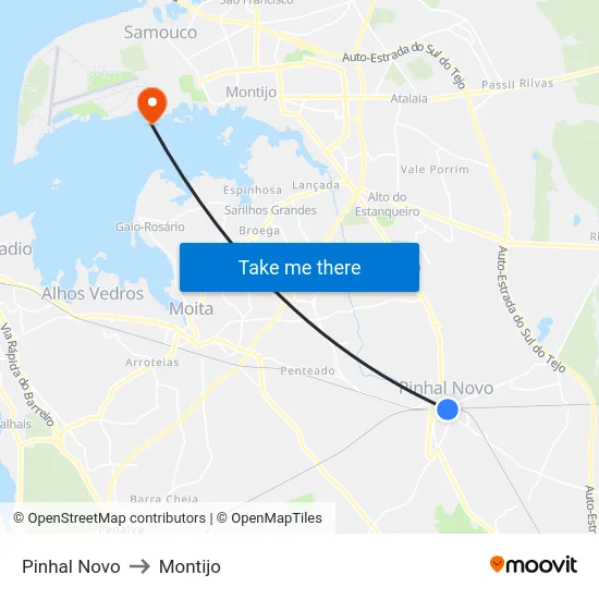 Pinhal Novo to Montijo map