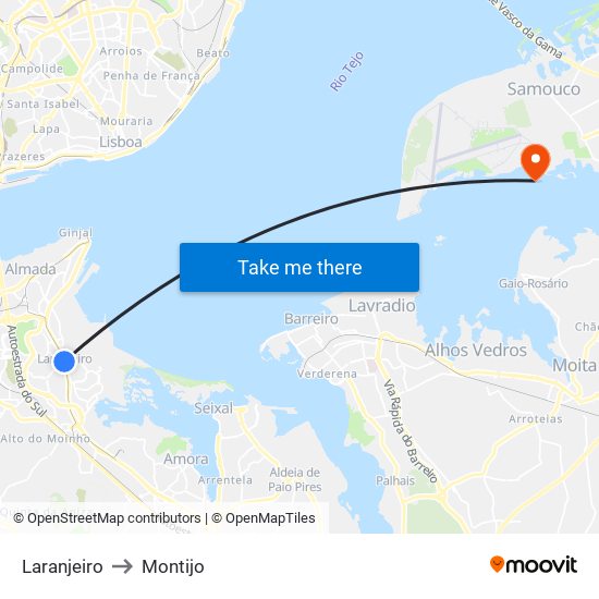Laranjeiro to Montijo map