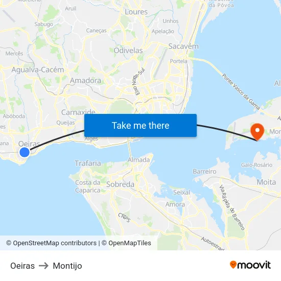 Oeiras to Montijo map