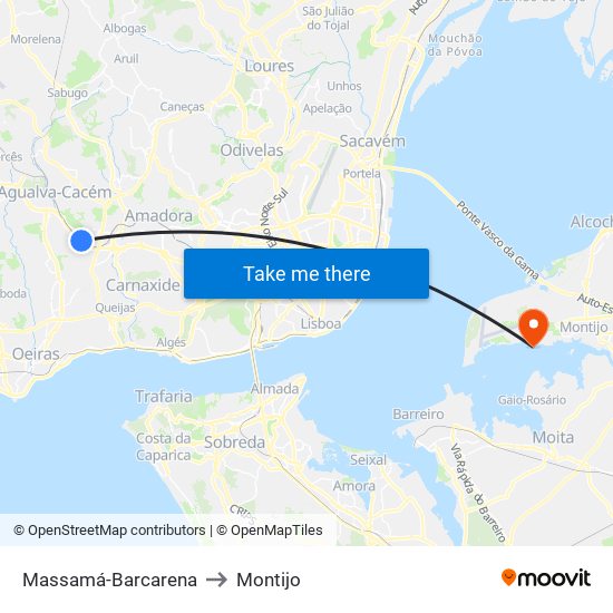 Massamá-Barcarena to Montijo map