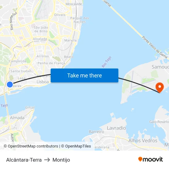 Alcântara-Terra to Montijo map