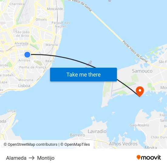 Alameda to Montijo map