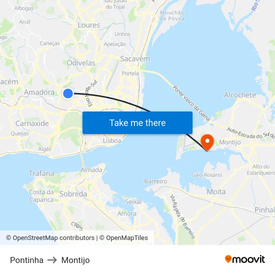 Pontinha to Montijo map
