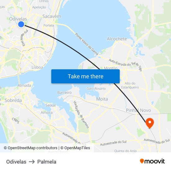 Odivelas to Palmela map