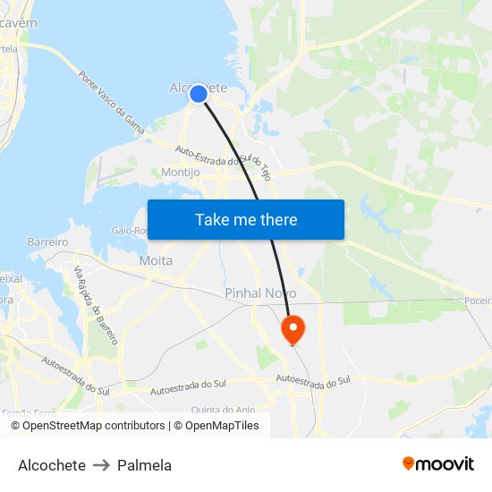 Alcochete to Palmela map