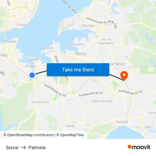 Seixal to Palmela map