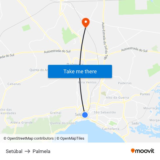 Setúbal to Palmela map